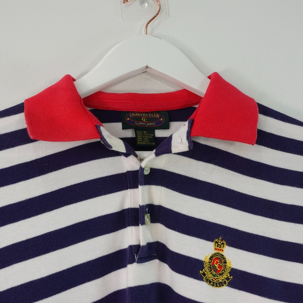 VINTAGE Striped Polo Shirt Mens Medium Blue Cotton CHARTER CLUB Short Sleeve Y2K - Picture 3 of 9